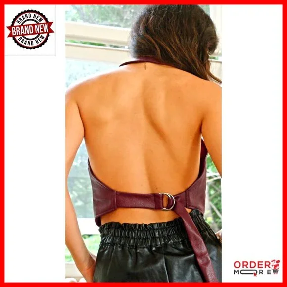 PU Leather Halter Tank Top Deep V Neck Asymmetrical Vest Corset Party Clubwear